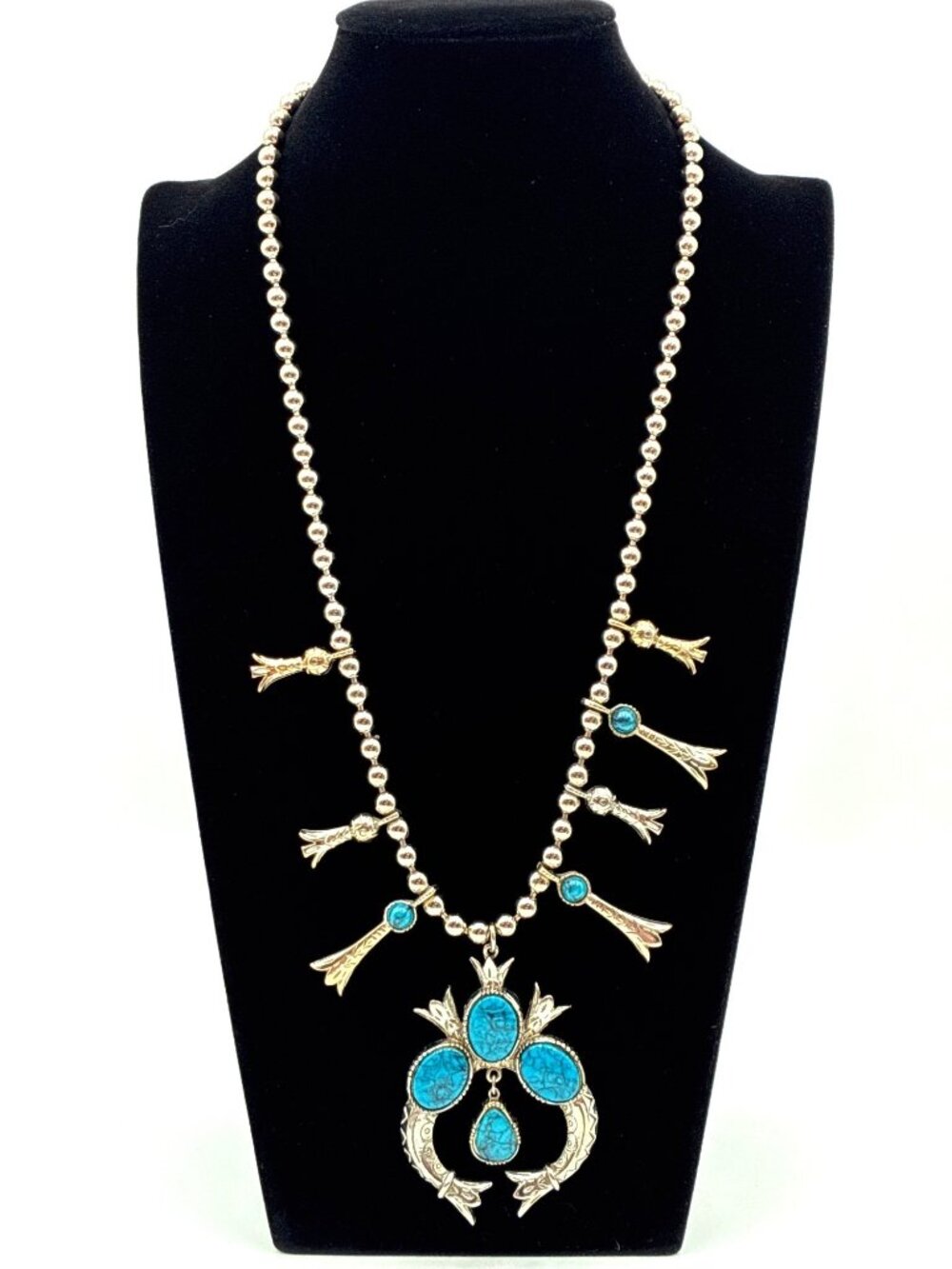 ART Silver Tone Squash Blossom Necklace Blue Oval Cabochons 24" READ